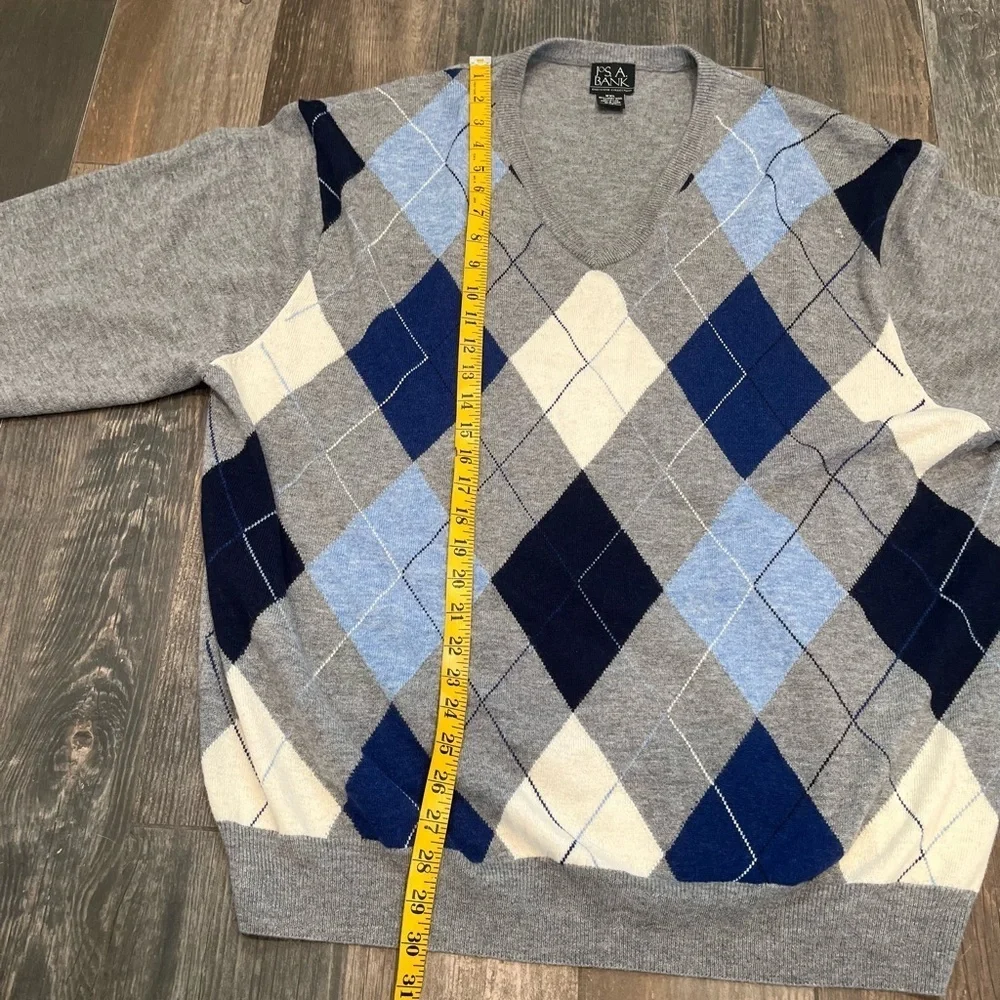 Jos. A. Bank Sweater Mens XXL Gray Blue Argyle Diamond Lambs Wool Grandpa Rogers